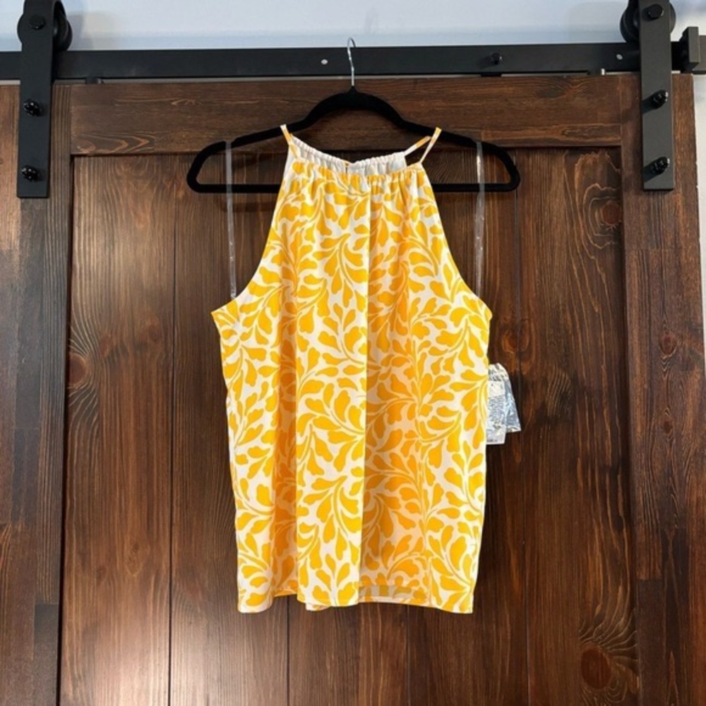 BAR III Women's Leaf-Print Yellow and White Silky Halter-Neck Sleeveless Top NWT